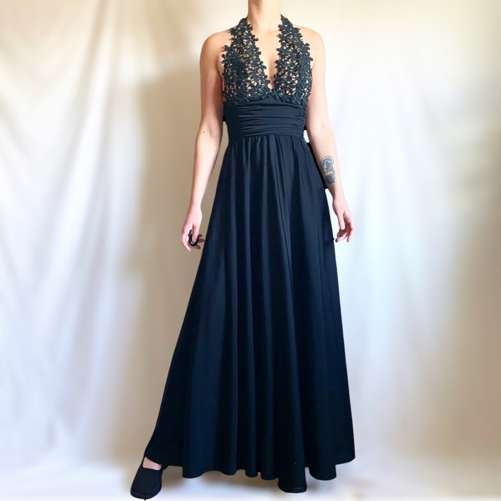 Vintage 70s Black & Floral Formal Party/Prom Dress